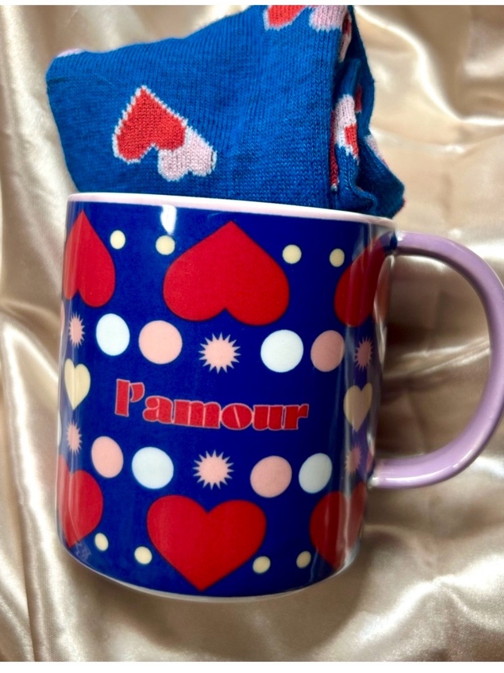 Anthropology L’AMOUR Colorful Heart Pattern Mug with matching heart Socks